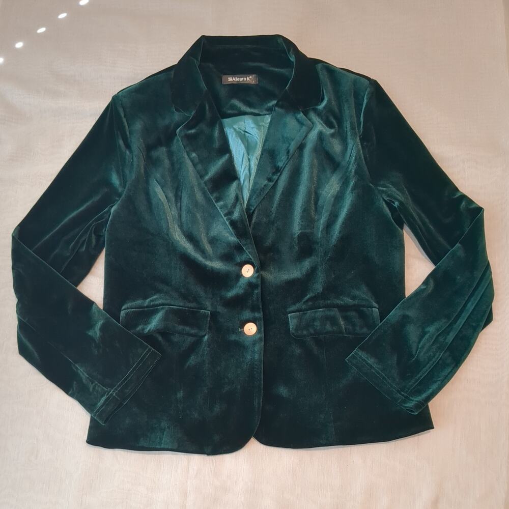 Allegra K Women's L Green Button Front Blazer Jacket Long Sleeve Pockets